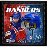 Michael Del Zotto NYR Floating Mini Helmet Collage w/ Game Used MSG Net and Jersey Swatch Framed Memorabilia