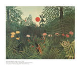Urwaldlandschaft mit untergehender Sonne Kunstdruck von Henri Rousseau