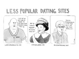 Three panel cartoon of online dating profiles for a convict, a Belgian, an… - New Yorker Cartoon Premium Giclee Print by Emily Flake