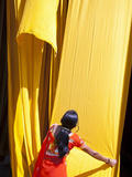 Woman in Sari Checking the Quality of Freshly Dyed Fabric Hanging to Dry, Sari Garment Factory, Raj Photographic Print by Gavin Hellier