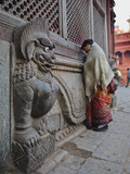 Stone Lions Guard a Prayer Wall in Durbar Square, Kathmandu, Nepal, Asia Photographic Print by Mark Chivers