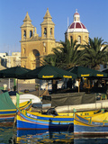 Harbour with Luzzu Fishing Boats and Marsaxlokk Parish Church, Marsaxlokk, Malta, Mediterranean, Eu Photographic Print by Stuart Black