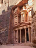 Tourist Looking Up at the Facade of the Treasury (Al Khazneh) Carved into the Red Rock at Petra, UN Photographic Print by Martin Child