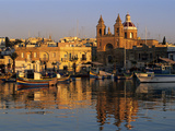 Harbour with Luzzu Fishing Boats and Marsaxlokk Parish Church at Sunrise, Marsaxlokk, Malta, Medite Photographic Print by Stuart Black