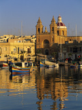 Harbour with Luzzu Fishing Boats and Marsaxlokk Parish Church at Sunrise, Marsaxlokk, Malta, Medite Photographic Print by Stuart Black