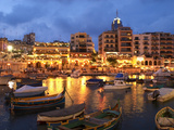 Evening across Spinola Bay with Restaurants, St. Julian`S, Malta, Mediterranean, Europe Fotoprint van Stuart Black