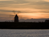 Sunset over Windmill on Salt Beds, Trapani, Sicily, Italy, Mediterranean, Europe Photographic Print by Stuart Black