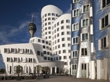 Neuer Zollhof Office Buildings with Rheinturm in Background, Medienhafen, Dusseldorf, Germany, Euro Photographic Print by David Clapp