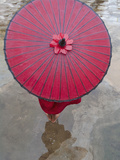Novice Monk Holding Alms Woks with Red Umbrella, Bagan, Myanmar Photographic Print by Keren Su