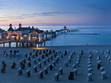 Pier at Sellin and Beach Cabins (Strondkorbes), Rugen Island, Baltic Coast, Mecklenburg-Western Pom Photographic Print by Peter Adams