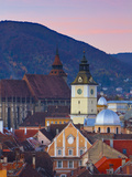 The Black Church and Town Hall Clock Tower Illuminated at Dawn, Piata Sfatului, Brasov, Transylvani Photographic Print by Doug Pearson