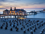 Pier at Sellin and Beach Cabins (Strondkorbes), Rugen Island, Baltic Coast, Mecklenburg-Western Pom Photographic Print by Peter Adams