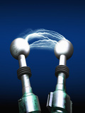 Conceptual Illustration of Tesla Coils with Electrical Charges Sparking Photographic Print by Victor Habbick