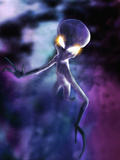 Conceptual Illustration of an Alien Standing in Fog and Mist and Looking Up with Large Glowing Eyes Photographic Print by Victor Habbick