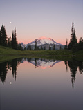 Reflection of Mount Rainier in Upper Tipsoo Lake in Chinook Pass and the Setting Moon at Sunrise Photographic Print by Geoffrey Schmid