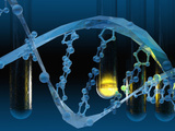 Biomedical Illustration of a Stylized DNA Molecule in Blue with Test Tubes Photographic Print by Carol & Mike Werner