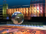 Illustration of the Building Blocks of the Earth, the Periodic Table of the Elements, and a Globe Fotografie-Druck von Carol & Mike Werner