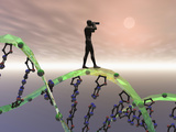 Biomedical Illustration of a Male Human Likeness Standing on a DNA Strand Peering into the Future Fotografisk tryk af Carol & Mike Werner