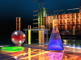 Illustration of the Periodic Table of the Elements Made from Glass Blocks with Laboratory Glassware Photographic Print by Carol & Mike Werner