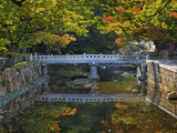 Bridge and Stonework over and Along a Stream in Autumn, Tongdo Temple Grounds, South Korea Photographic Print by Geoffrey Schmid