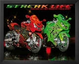 Streak Life (Red & Green Motorcycles) Art Poster Print Prints