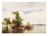 Barges on a River, C.1825-26 (Oil on Millboard) (Signed) Giclee Print by Richard Parkes Bonington