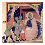 Historiated Initial 's' Depicting Job Receiving Messengers with Bad News (Vellum) Giclée-tryk af Jacopo Del Casentino Historiated Initial 's' Depicting Job Receiving Messengers with Bad News (Vellum) Giclée-tryk af Jacopo Del Casentino