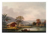 Figures Guiding a Sampan Round a Bend in a River, Past a Village (Oil on Canvas) Giclee Print by George Chinnery