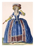 English Style Hooped Dress in Electric Blue with Burgundy Frilled Edging, Engraved by Bacquoy Giclee Print by Pierre Thomas Le Clerc