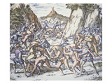 Conquistadors Enslaving and Beating Native American Baggage Carriers (Colour Litho) Giclee Print by Theodore de Bry