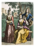 Ladies Formal Day Dresses, 1690 (Coloured Engraving) Giclee Print by  French