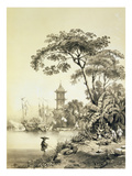A Pagoda on the Macao-Canton Canal, Plate 21 from 'Sketches of China', Engraved by Eugene Ciceri Giclee Print by Auguste Borget