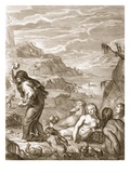 Deucalion and Pyrrha Repeople the World by Throwing Stones Behind Them, 1731 (Engraving) Giclee Print by Bernard Picart