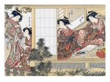 Japanese Women Reading and Writing (Colour Woodblock Print) Giclee Print by Katsukawa Shunsho