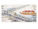 Attending a Festival: Crossing a Pontoon Bridge to the Sacred Site (Colour Woodblock Print) Reproduction procédé giclée par  Japanese