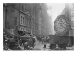 Wagons Trundle Along Manhattan Streets Past a Ymca Clock Sign Posters
