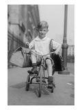 Toddler on Tricycle Carries Small Satchels after Making a Food Sale Póster