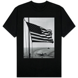 Airplane on Battleship Deck with American Flag in Foreground, World War II T-shirts