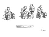 Three men in karate outfits stand in front of wooden boards on cinderblock… - New Yorker Cartoon Premium Giclee Print by Zachary Kanin