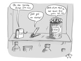 A floss box, hair straightener, and Q-tips jar sitting on a shelf exchange… - New Yorker Cartoon Premium Giclee Print by Farley Katz