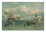 View of New York Harbor with Brooklyn Bridge in Background Posters