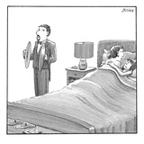A man and a woman lie in bed. Another man stands next to them holding cymb… - New Yorker Cartoon Premium Giclee Print by Harry Bliss