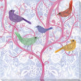 Multicolor Birds on Pink Tree Stretched Canvas Print by Laura Hughes
