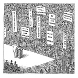A politician stands in front of an audience, in which people are holding u… - New Yorker Cartoon Premium Giclee Print by John O'brien