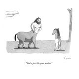 A centaur angrily talks to a creature who is the bottom of a man with the … - New Yorker Cartoon Premium Giclee Print by Zachary Kanin