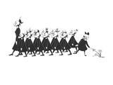 Line of school girls in black wearing gas masks. One stops to touch a flow - New Yorker Cartoon Premium Giclee Print by Christina Malman