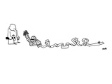 A mummy, nailed down at one end, is unraveling as it tries to curse a man … - New Yorker Cartoon Premium Giclee Print by Ariel Molvig