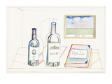 Bottles labeled, ST 78, Deja Bu, and book labeled Deja Lu, on desk with pi… - New Yorker Cartoon Premium Giclee Print by Saul Steinberg