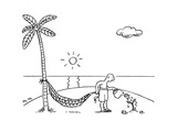 A man on a desert island waters  a tree hoping to use it for his hammock. - New Yorker Cartoon Premium Giclee Print by Matthew Martin