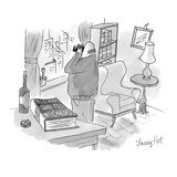 Man with binoculars looking out window. Title of book on table reads, 'Aud… - New Yorker Cartoon Premium Giclee Print by Larry Hat